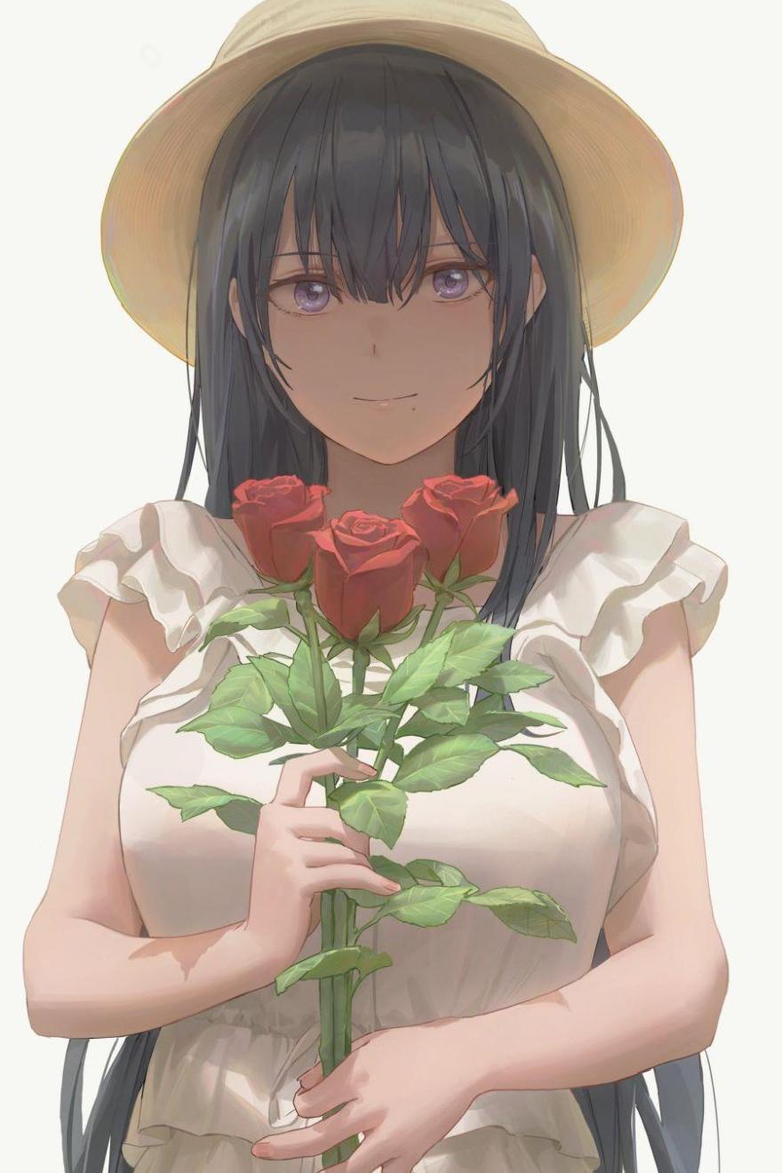 拿着玫瑰花的清纯动漫少女手机高清壁纸