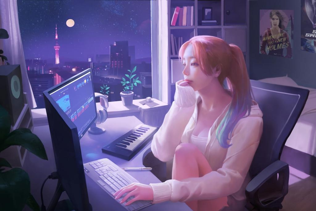夜晚马尾辫少女坐在电脑前听音乐高清壁纸